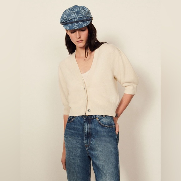 Sandro 100% Wool Cropped V Neck Puff Short Sleeve Cardigan size 2 - Picture 3 of 13